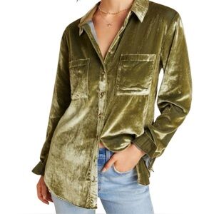 Anthropologie Maeve Olive Green Velvet Button Down Shirt Size 0